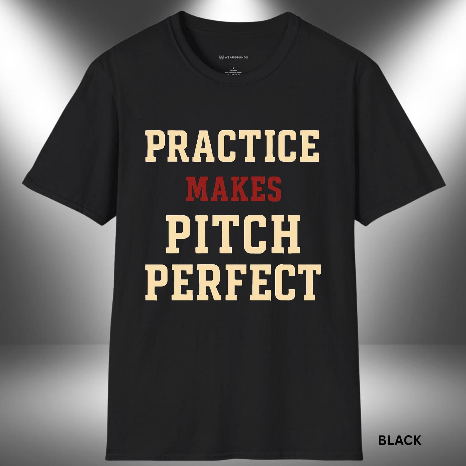 Text-based graphic reading “Practice Makes Pitch Perfect” in bold block letters. “MAKES” is in red, while the rest of the text is in cream on a black background.