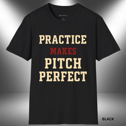 Text-based graphic reading “Practice Makes Pitch Perfect” in bold block letters. “MAKES” is in red, while the rest of the text is in cream on a black background.