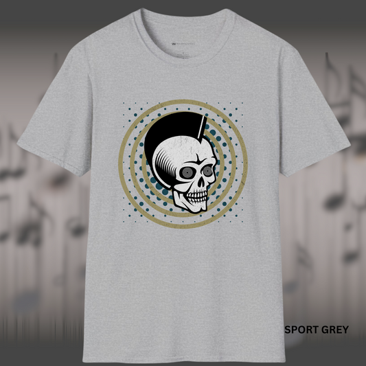 “Distressed white skull with hypnotic spiral eyes and mohawk silhouette centered inside tan concentric rings with blue dot splatter