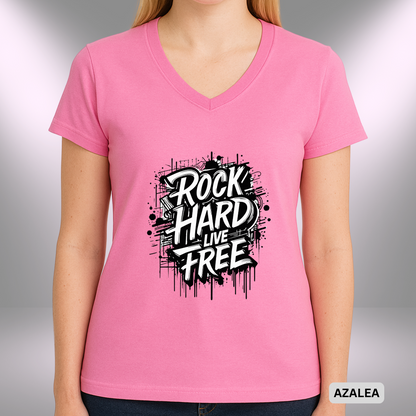 ROCK HARD - LIVE FREE    |  Lady's V-Neck  | T-SHIRT - 7 colors - 4 sizes