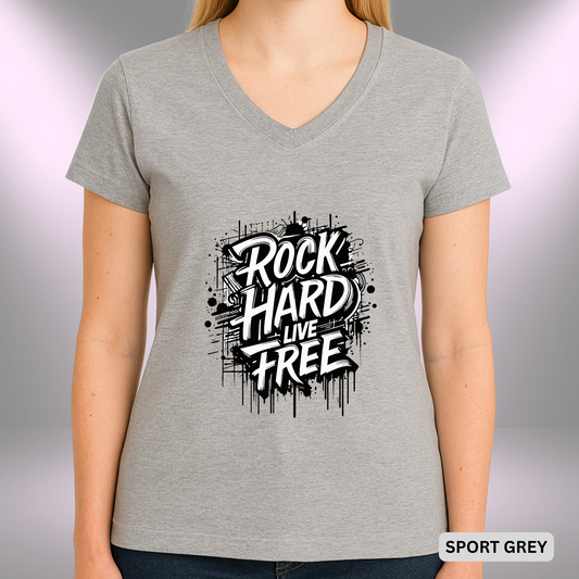 ROCK HARD - LIVE FREE    |  Lady's V-Neck  | T-SHIRT - 7 colors - 4 sizes