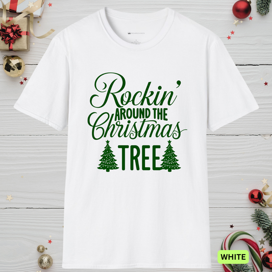 Rockin’ Around the Christmas Tree    | T-SHIRT - 8 colors - 9 sizes | 🎁 Perfect for:  Musicians and singers performing during the holidays  Choir and band teachers  Christmas party hosts,  Anyone who loves festive style with a rock twist