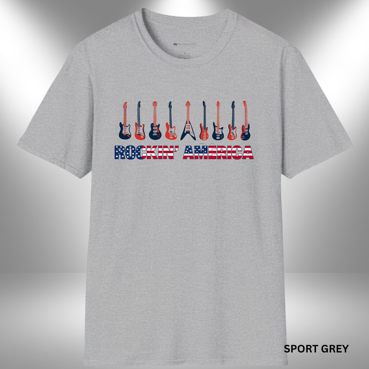 ROCKIN' AMERICA  | T-SHIRT - 4 colors - 9 sizes | Red White and Blue Guitar Rockin' America Tee