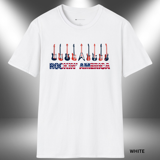 ROCKIN' AMERICA  | T-SHIRT - 4 colors - 9 sizes | Red White and Blue Guitar Rockin' America Tee