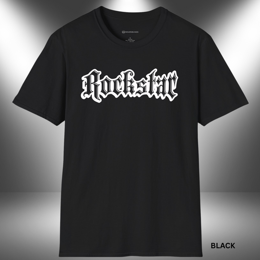 grunge-style 'Rockstar' text in gothic font — bold music graphic celebrating rock culture and rebellious streetwear fashion.