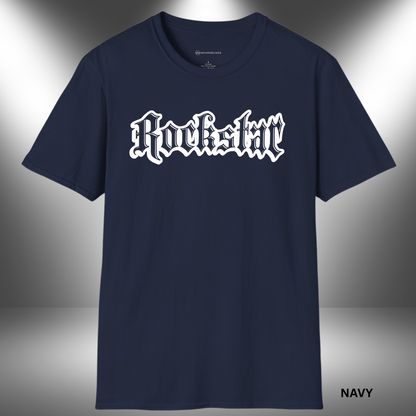 grunge-style 'Rockstar' text in gothic font — bold music graphic celebrating rock culture and rebellious streetwear fashion.
