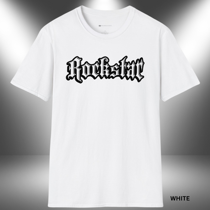 grunge-style 'Rockstar' text in gothic font — bold music graphic celebrating rock culture and rebellious streetwear fashion.