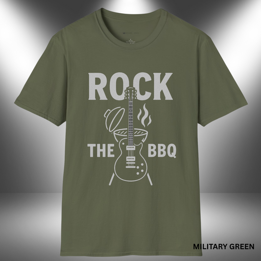 Monochrome illustration featuring an electric guitar integrated into a BBQ grill with steam rising, accompanied by bold text that reads "ROCK THE BBQ."