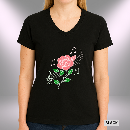ROSE MUSIC (Red Flower)    |  Lady's V-Neck  | T-SHIRT - Limited colors - 4 sizes