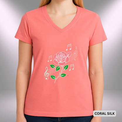 ROSE MUSIC (Red Flower)    |  Lady's V-Neck  | T-SHIRT - Limited colors - 4 sizes