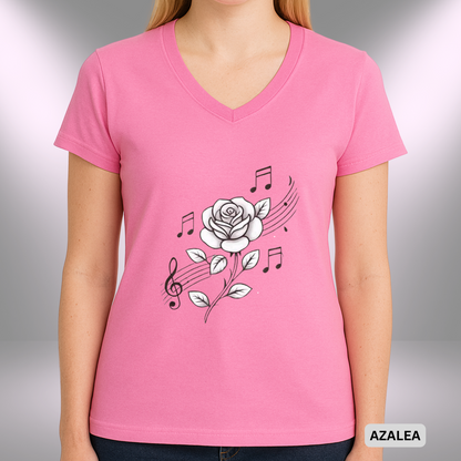 ROSE MUSIC (WHITE)    |  Lady's V-Neck  | T-SHIRT - Limited colors - 4 sizes