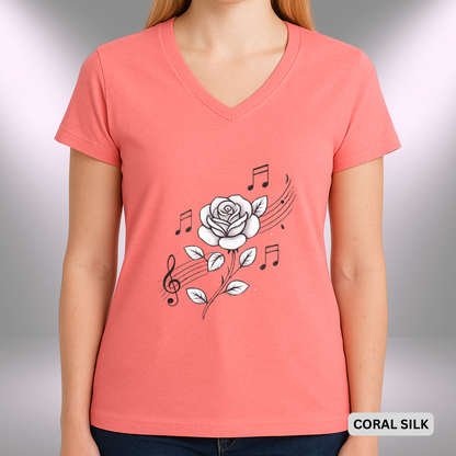 ROSE MUSIC (WHITE)    |  Lady's V-Neck  | T-SHIRT - Limited colors - 4 sizes