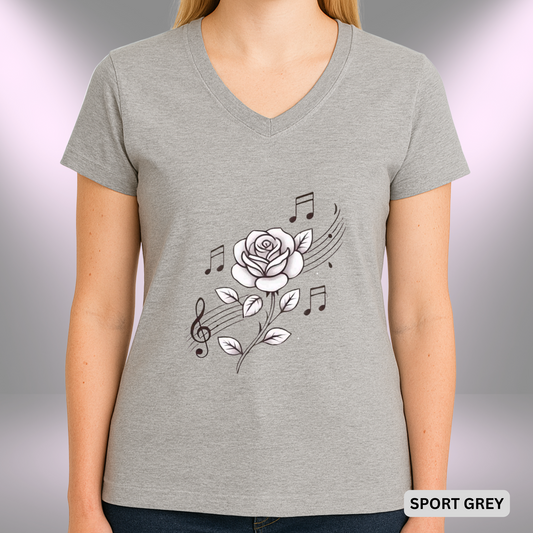 ROSE MUSIC (WHITE)    |  Lady's V-Neck  | T-SHIRT - Limited colors - 4 sizes
