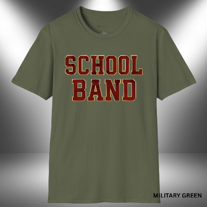 Military green t-shirt with 'SCHOOL BAND' text on a gray background