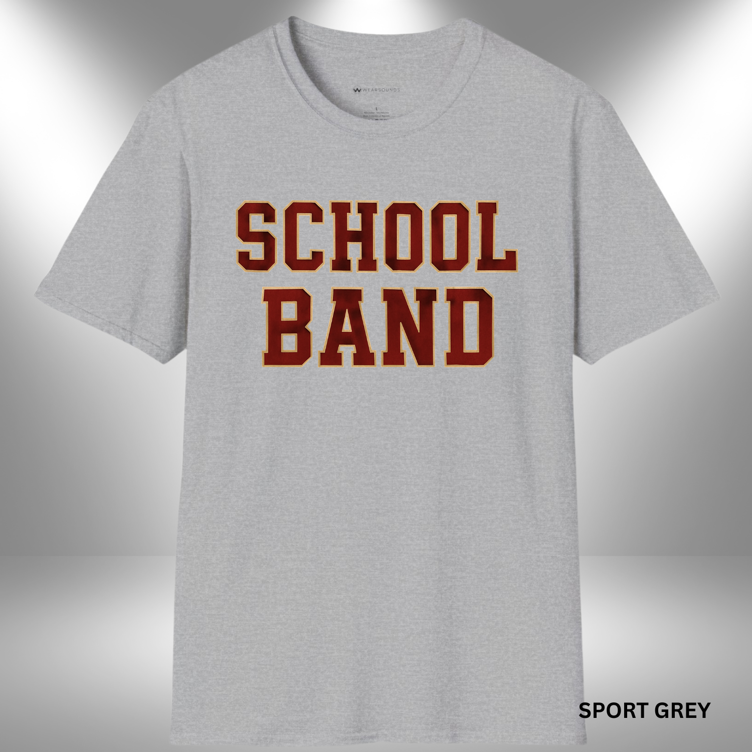Large block text in varsity-style font reads “SCHOOL BAND” in maroon with gold outline, centered on a black background.