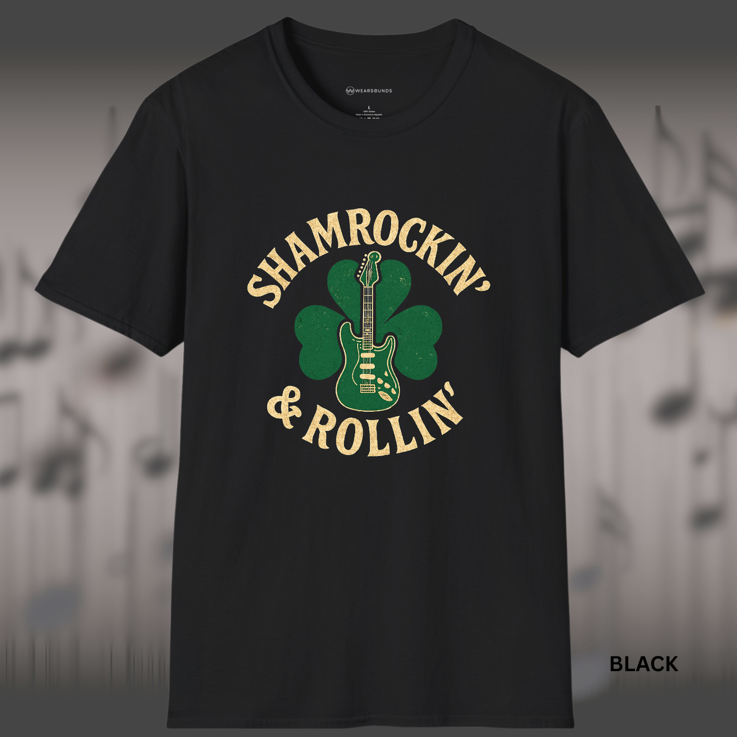 SHAMROCKIN & ROLLIN    | T-SHIRT - 3 colors - 9 sizes |  St. Patrick’s Day Guitar Shirt, version 2