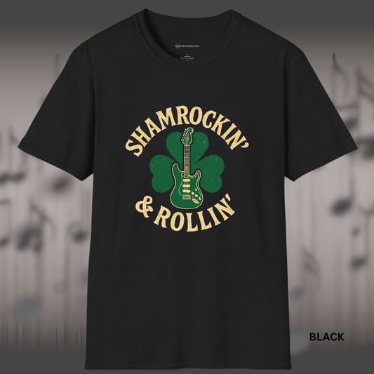 SHAMROCKIN & ROLLIN    | T-SHIRT - 3 colors - 9 sizes |  St. Patrick’s Day Guitar Shirt, version 2