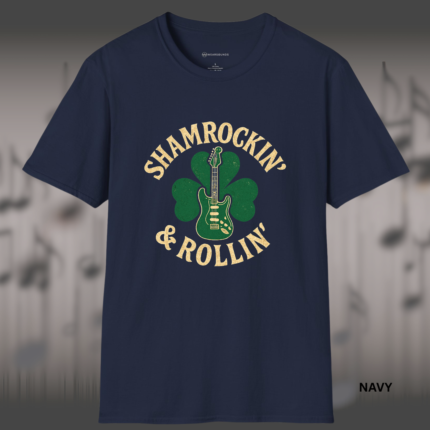SHAMROCKIN & ROLLIN    | T-SHIRT - 3 colors - 9 sizes |  St. Patrick’s Day Guitar Shirt, version 2