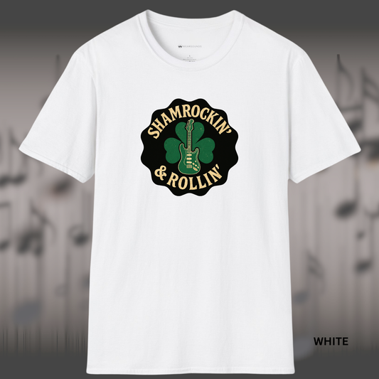 Shamrockin’ & Rollin’   | T-SHIRT - 4 colors - 9 sizes  |  Vintage St. Patrick’s Day Guitar Shirt