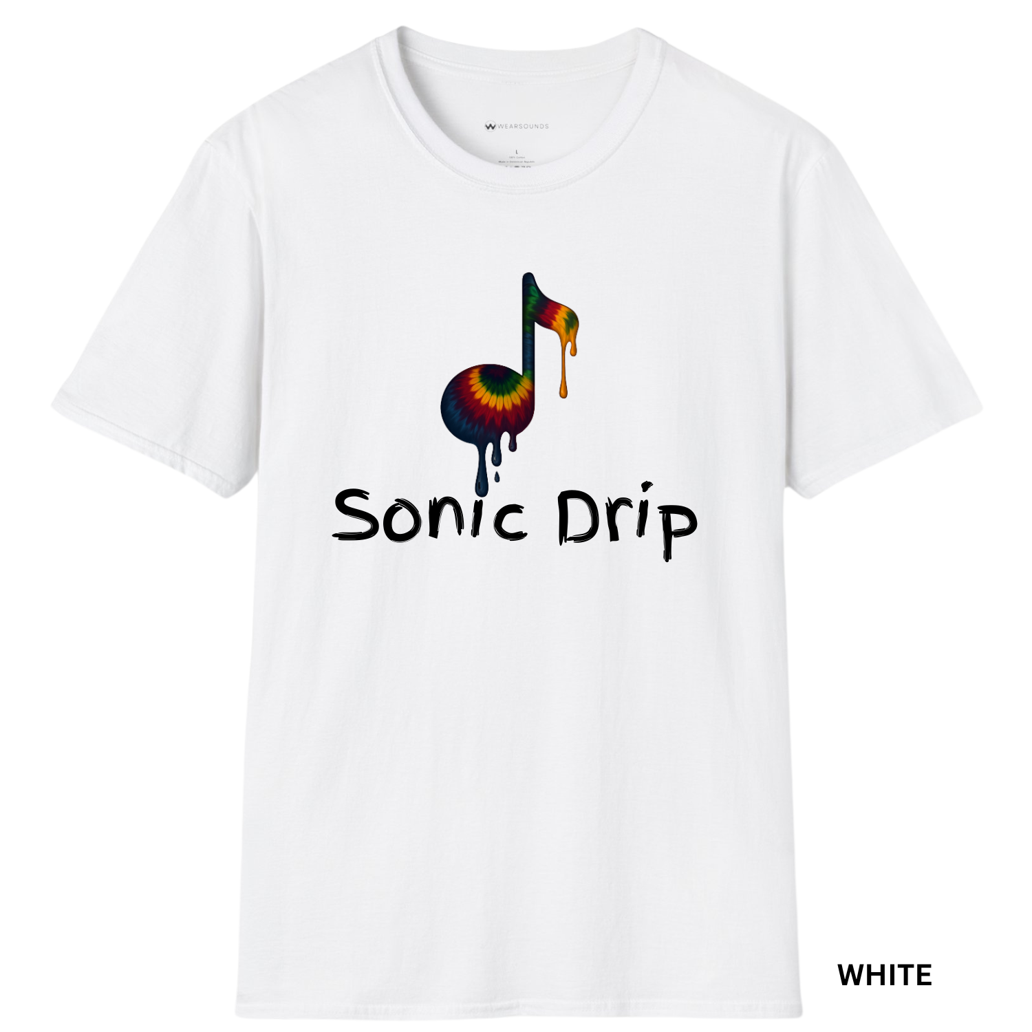 A single eighth note filled with a vibrant rainbow tie-dye pattern, melting with colorful drips 