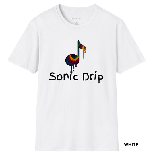A single eighth note filled with a vibrant rainbow tie-dye pattern, melting with colorful drips 