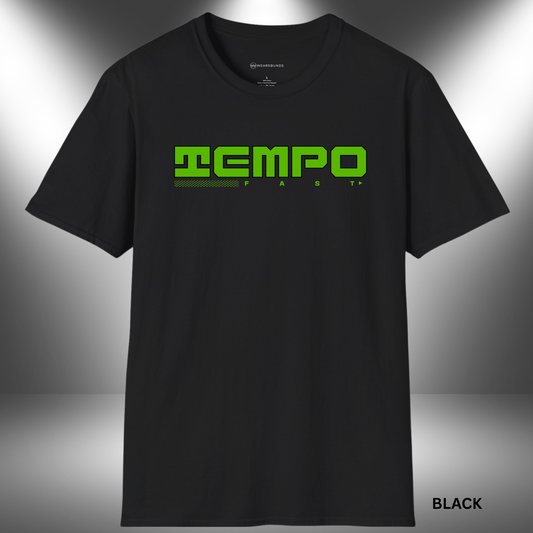 Bright green graphic with the word "TEMPO" in blocky, futuristic font. Below it, the word "FAST" is spelled out across the bottom, accompanied by angled speed lines and a forward-pointing arrow.