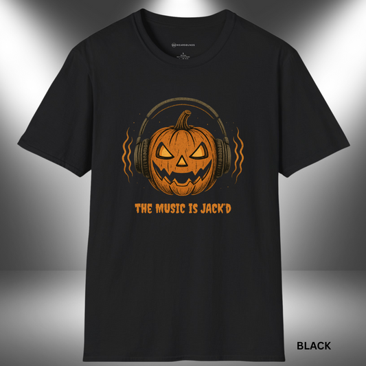 THE MUSIC IS JACK'D       | T-SHIRT - 5 colors - 9 sizes  |  Pumpkin Headphones Halloween Tee.  Don’t just play Halloween — own the soundtrack. Grab the Music Is Jack’d Tee now and let your spooky beats shine!