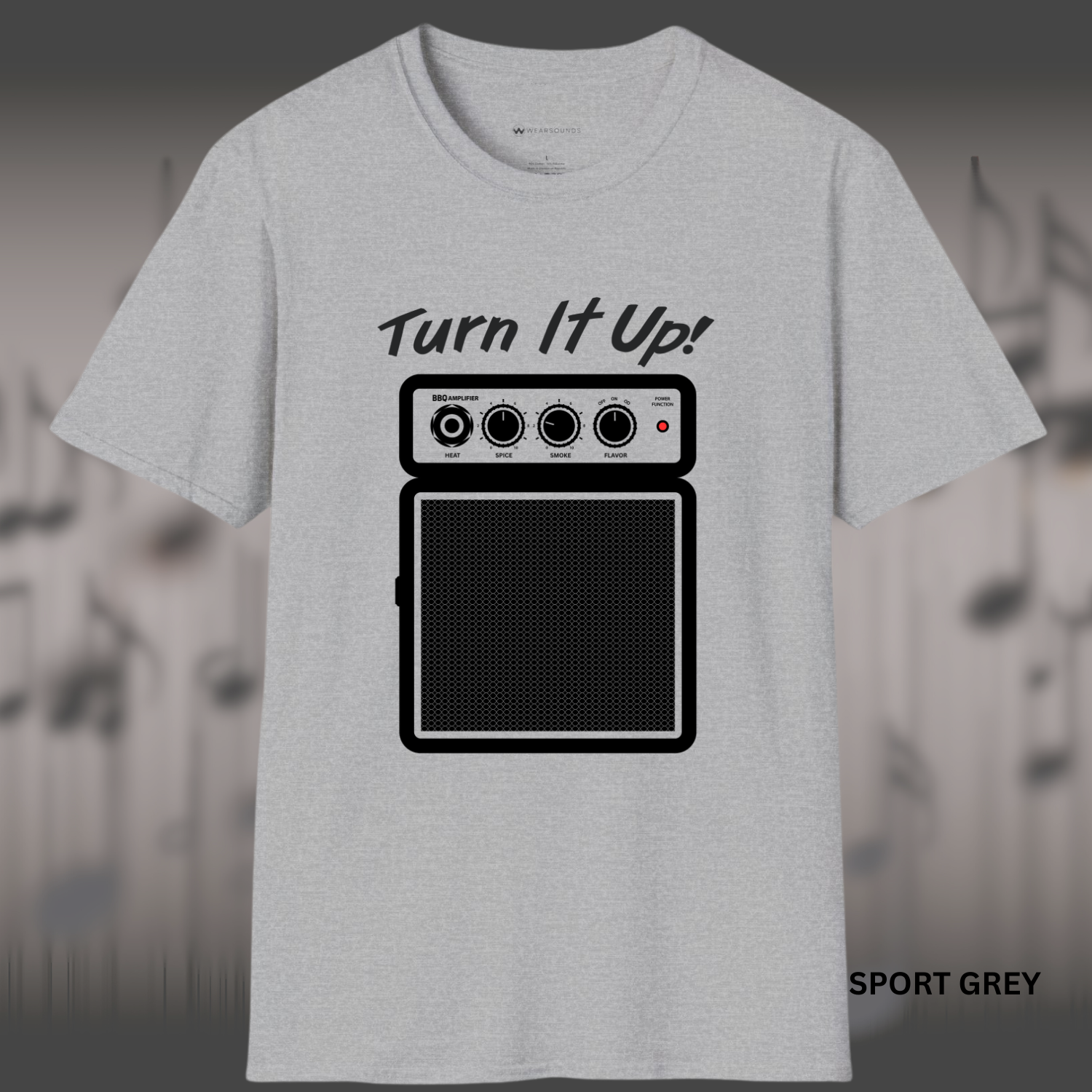 Illustration of a guitar amp-style knob labeled “Smoke,” “Spice,” and “Flavor,” with a red dot indicating max volume, and the phrase “Turn It Up!” above in bold script