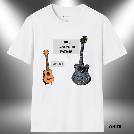 Cartoon of an electric guitar saying “Uke, I am your father” to a shocked ukulele that replies “Noooo!!!” in speech bubbles on a black background.