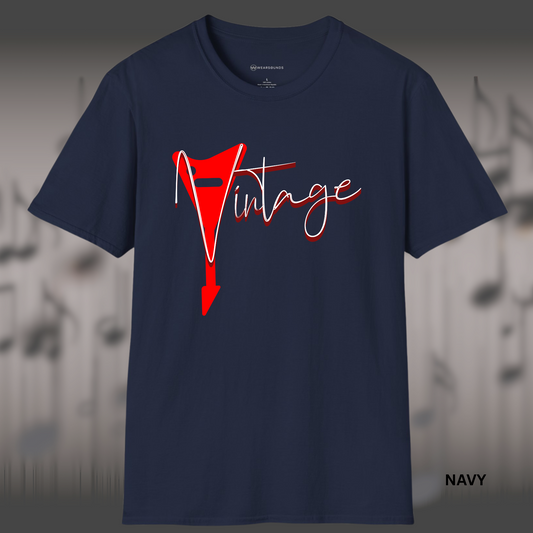Retro red electric guitar graphic with handwritten 'Vintage' text — music-inspired design celebrating classic rock and vintage guitar culture.