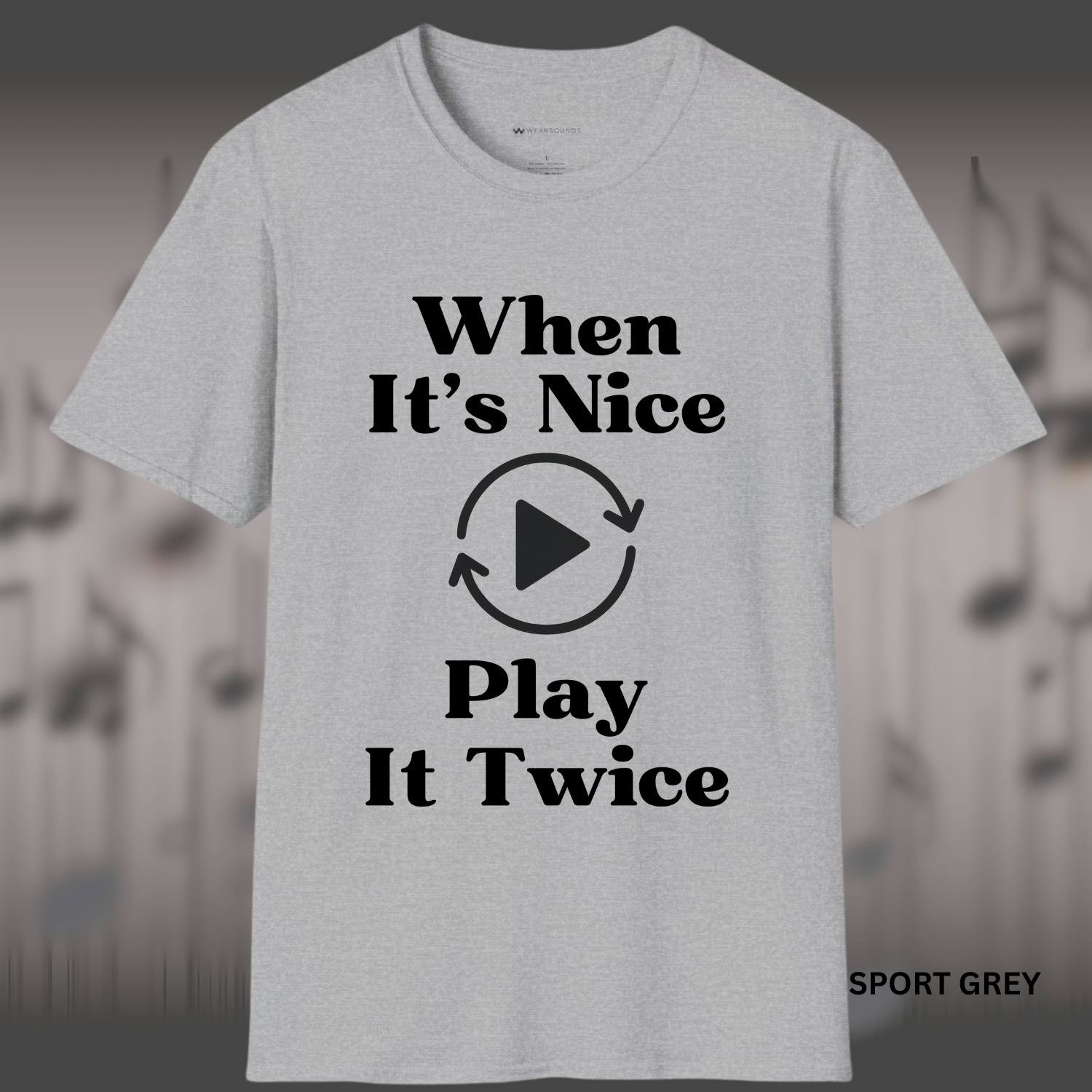"When It’s Nice Play It Twice," with a circular replay icon featuring a play button in the center, positioned between the text.